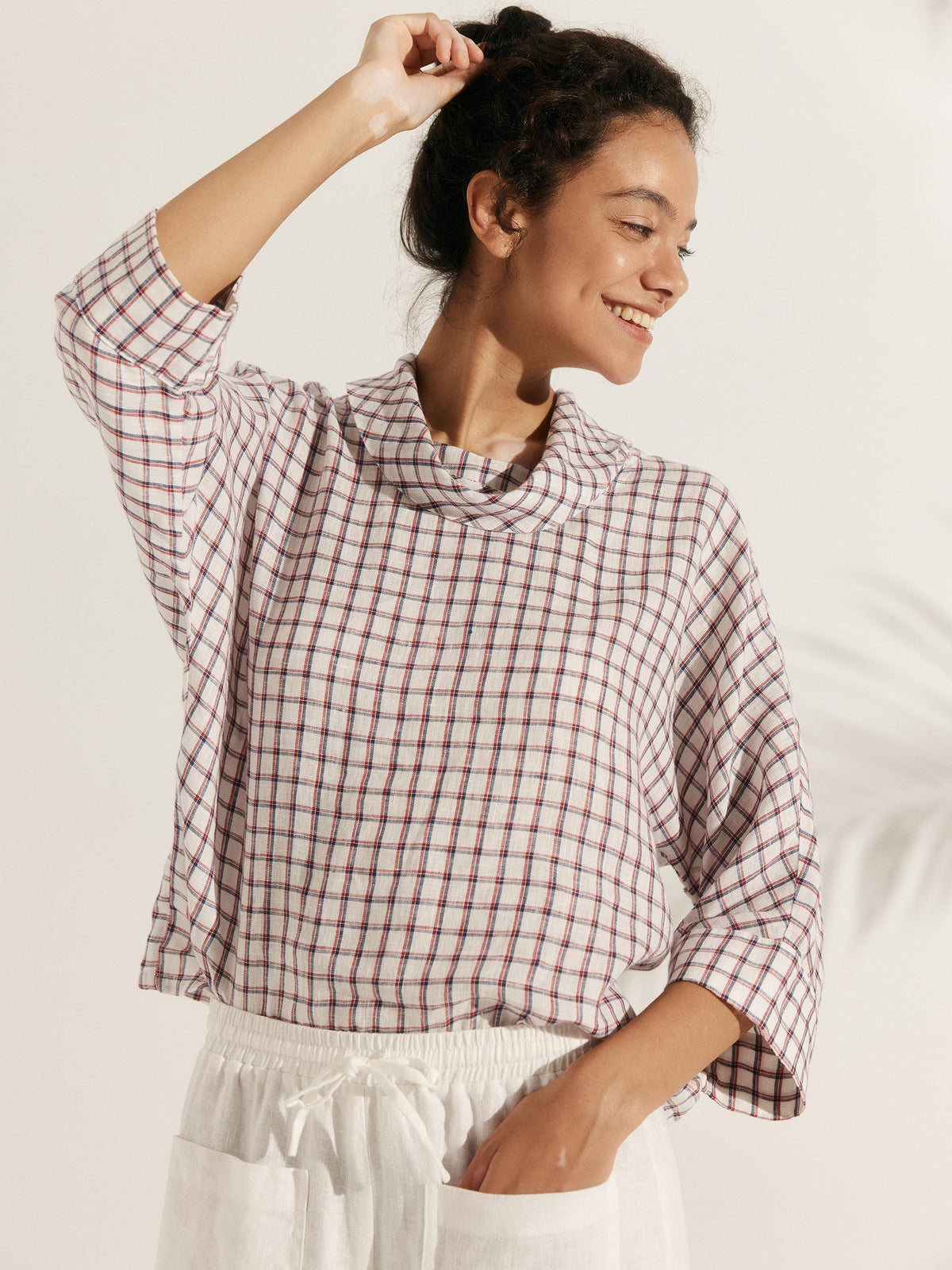 100% Linen Dropped Collar Long-Sleeve Top TRISTAN