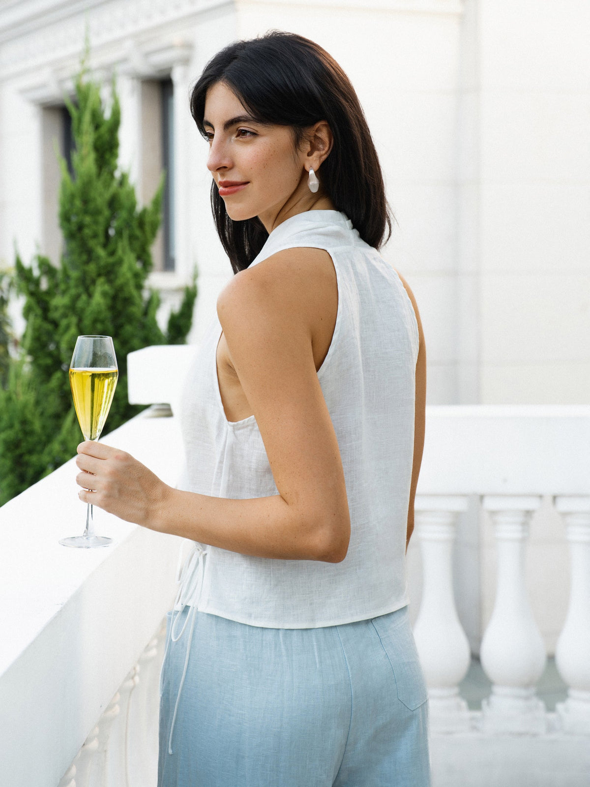 100% Linen Halter Neck Tie-Front Crop Top FAYE