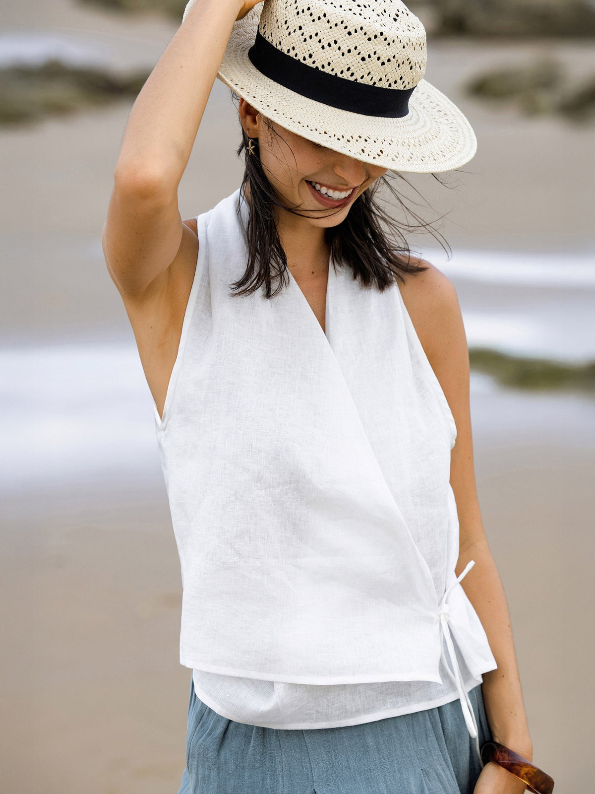 100% Linen Halter Neck Tie-Front Crop Top FAYE