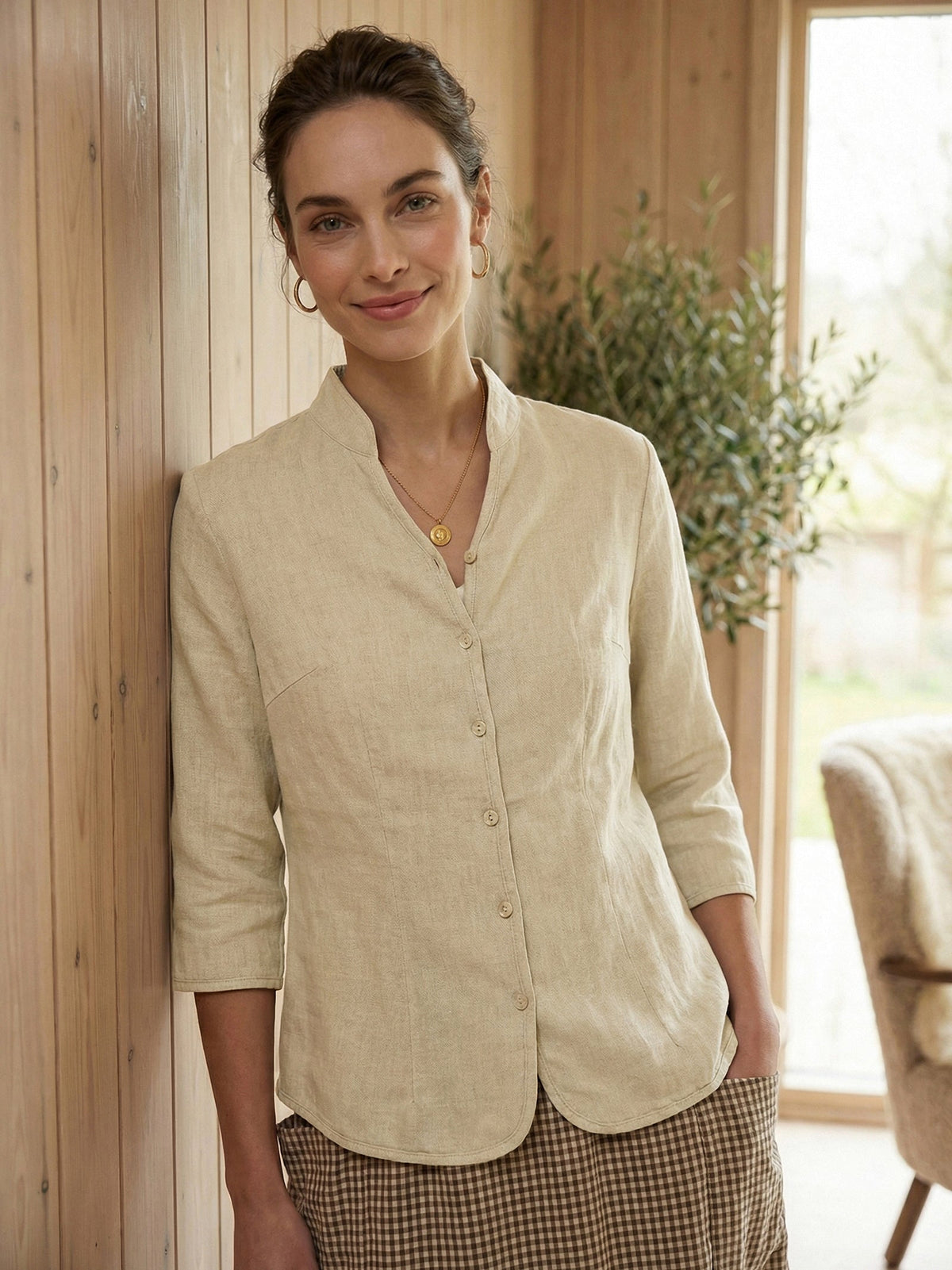 100% Linen Stand-Collar Half-Sleeve Fitted Jacket AMELIA