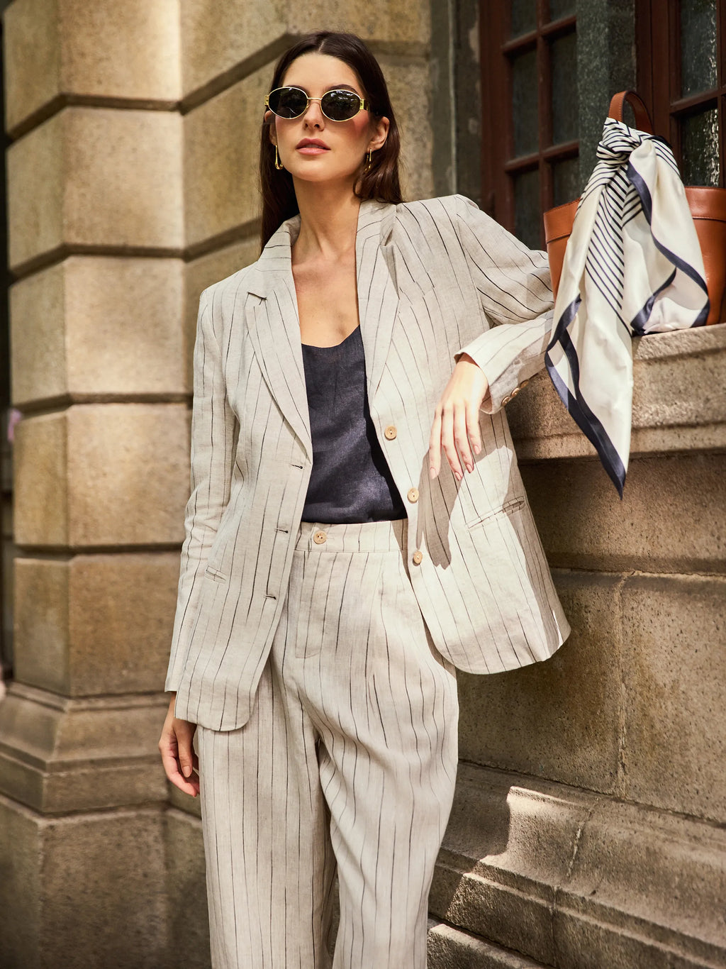 100% Linen Sketch Stripe Straight-Leg Pants ELOISE