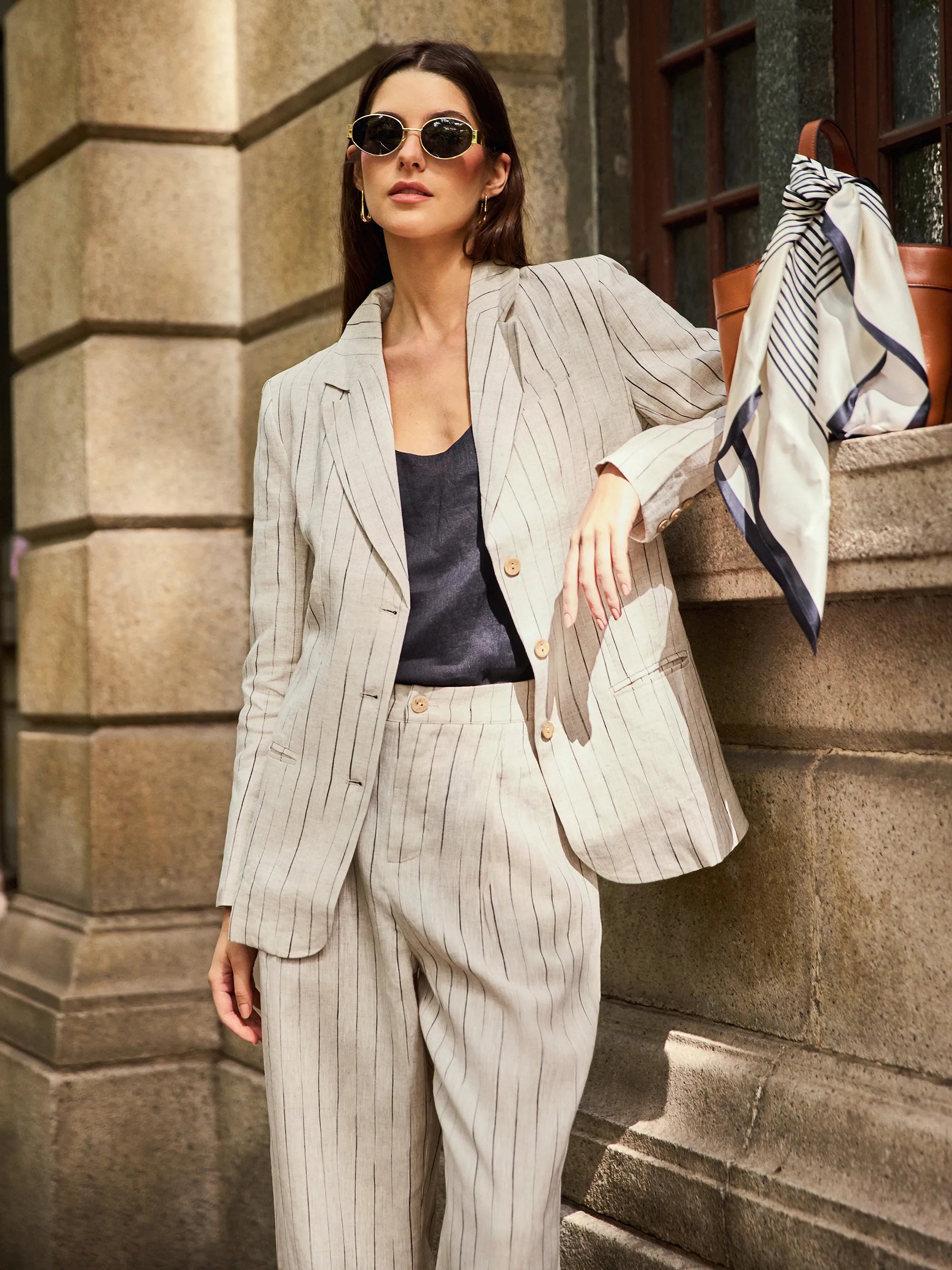 100% Linen Sketch Stripe Straight-Leg Pants ELOISE