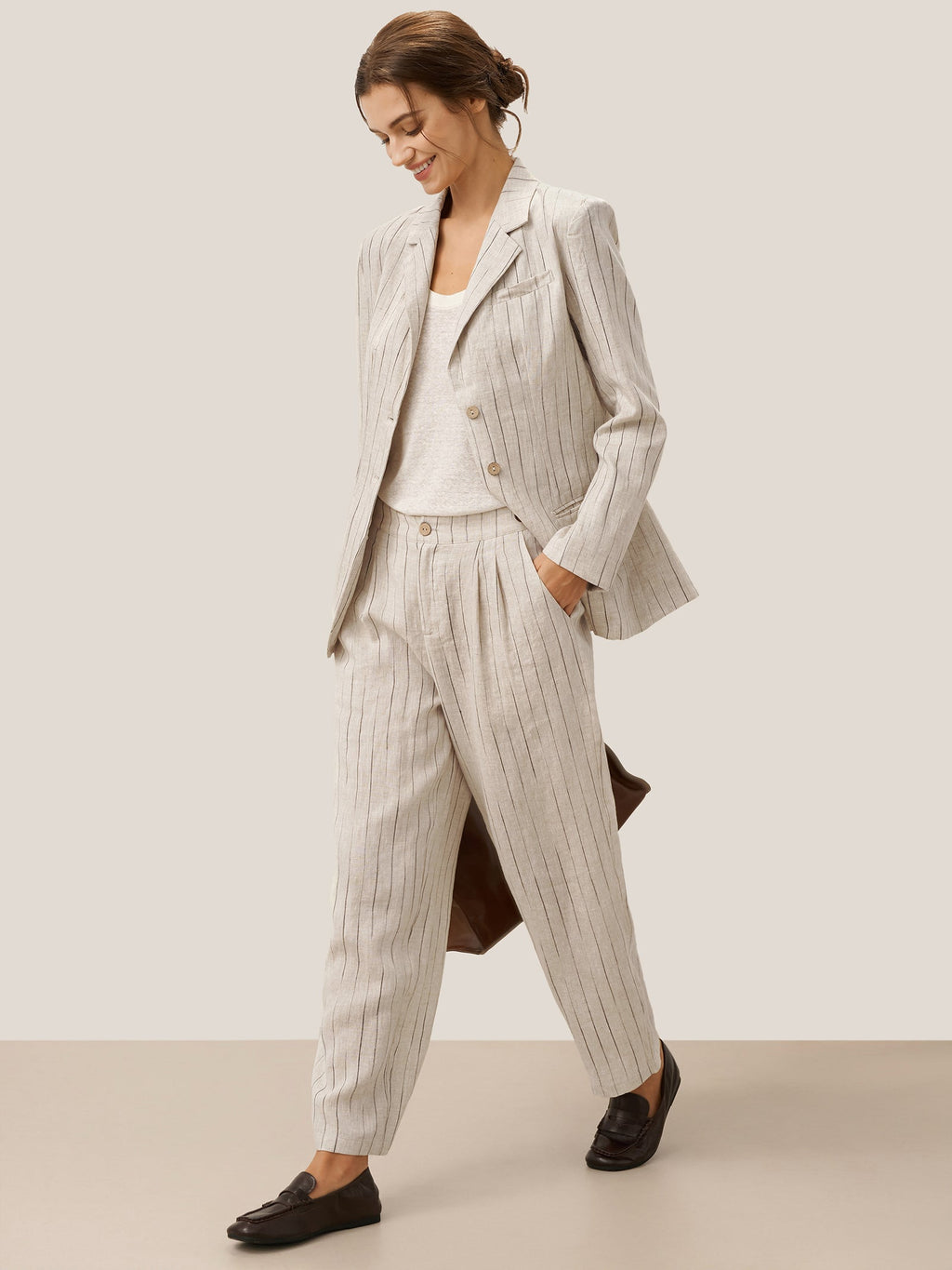 100% Linen Sketch Stripe Straight-Leg Pants ELOISE