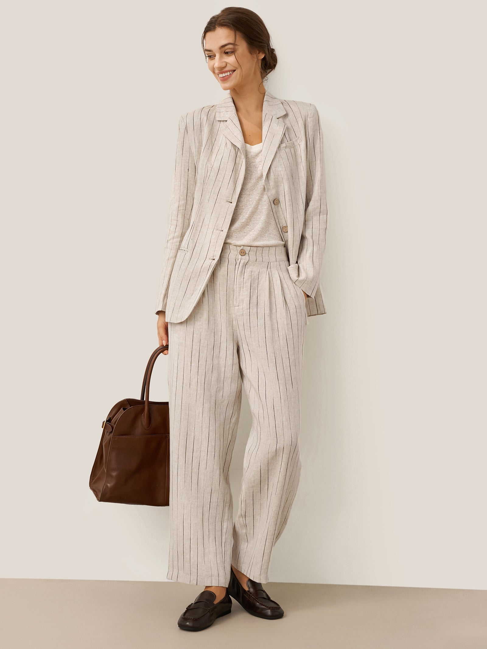 100% Linen Sketch Stripe Straight-Leg Pants ELOISE