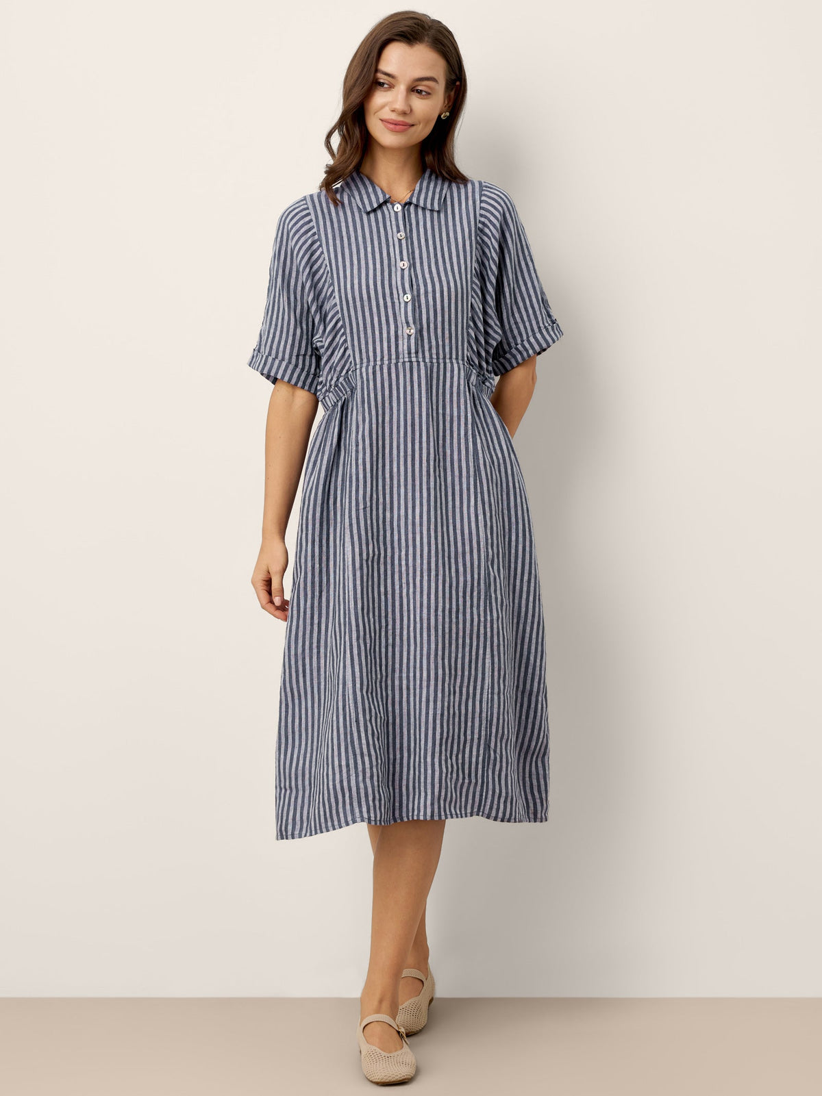 100% Linen Striped Buttoned Front Short-Sleeve Midi Shirt Dress CASSANDRA