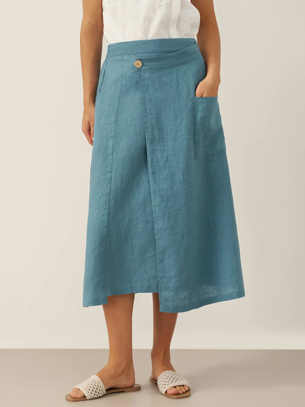 100% Linen Elastic Waist Angled Wrap Skirt FRESSA