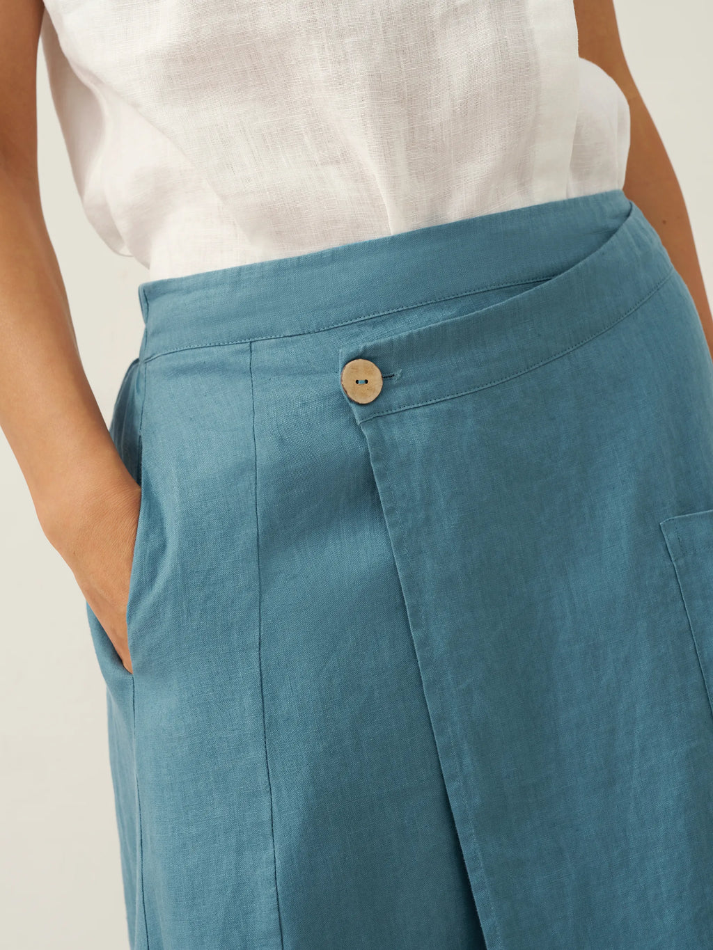 100% Linen Elastic Waist Angled Wrap Skirt FRESSA