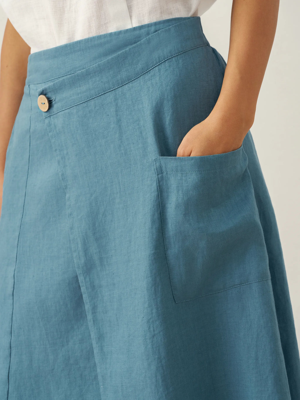 100% Linen Elastic Waist Angled Wrap Skirt FRESSA