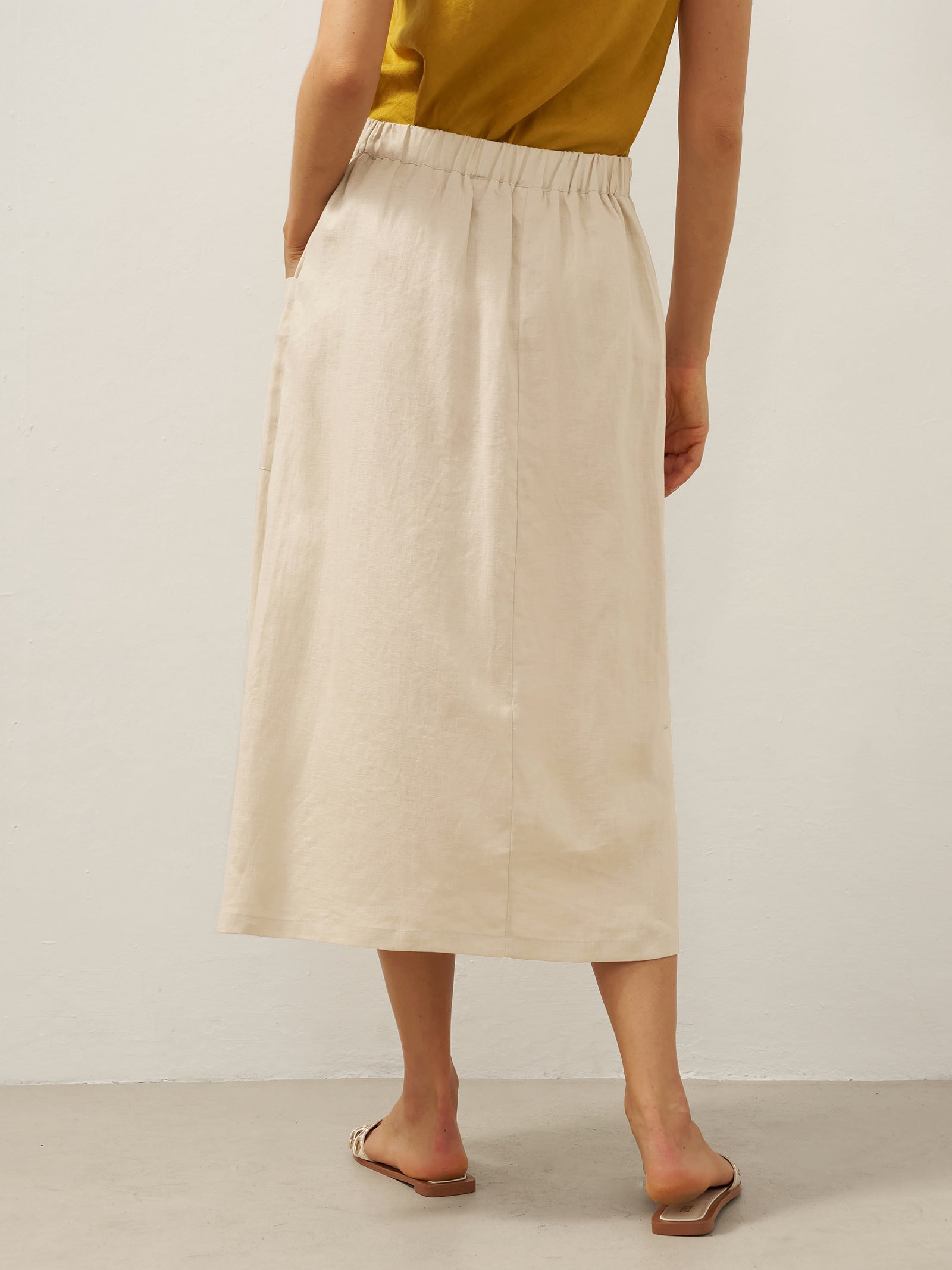 100% Linen Elastic Waist Angled Wrap Skirt FRESSA