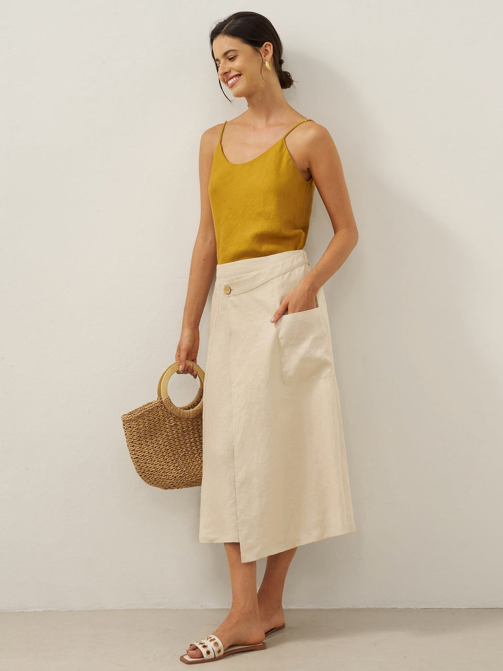 100% Linen Elastic Waist Angled Wrap Skirt FRESSA