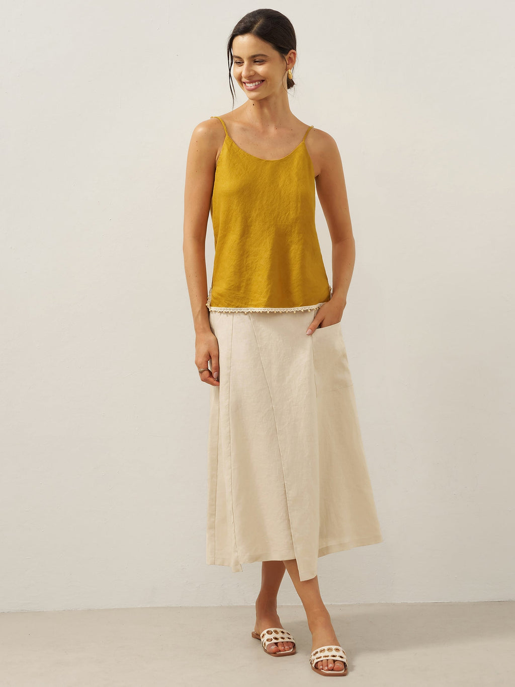 100% Linen Elastic Waist Angled Wrap Skirt FRESSA