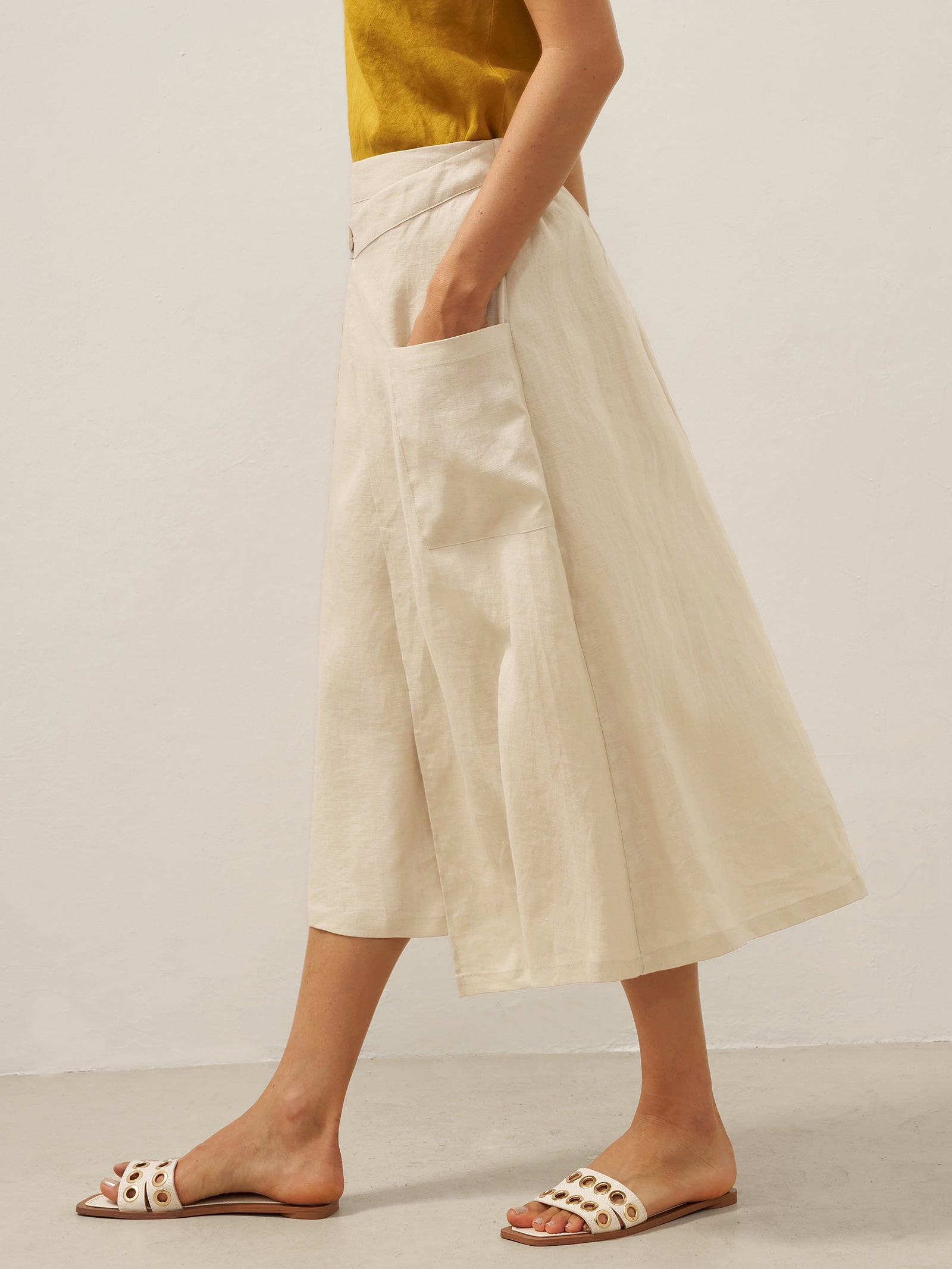 100% Linen Elastic Waist Angled Wrap Skirt FRESSA
