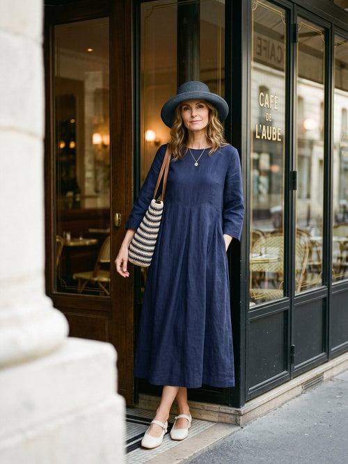 100% Linen Bateau Neck Pleated Midi Dress