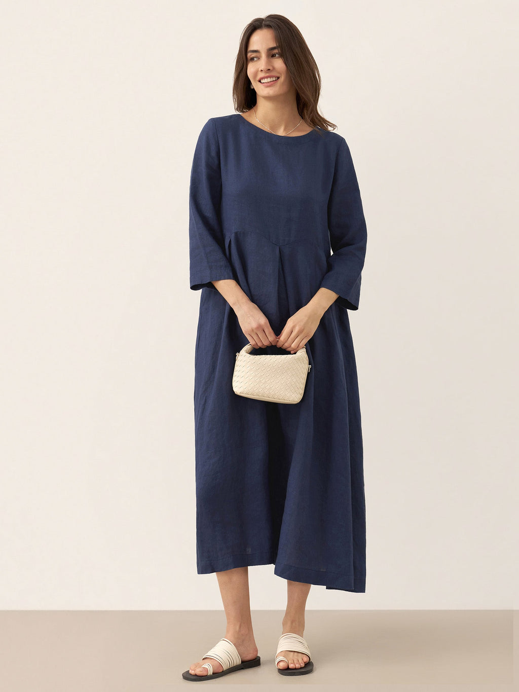 100% Linen Bateau Neck Pleated Midi Dress