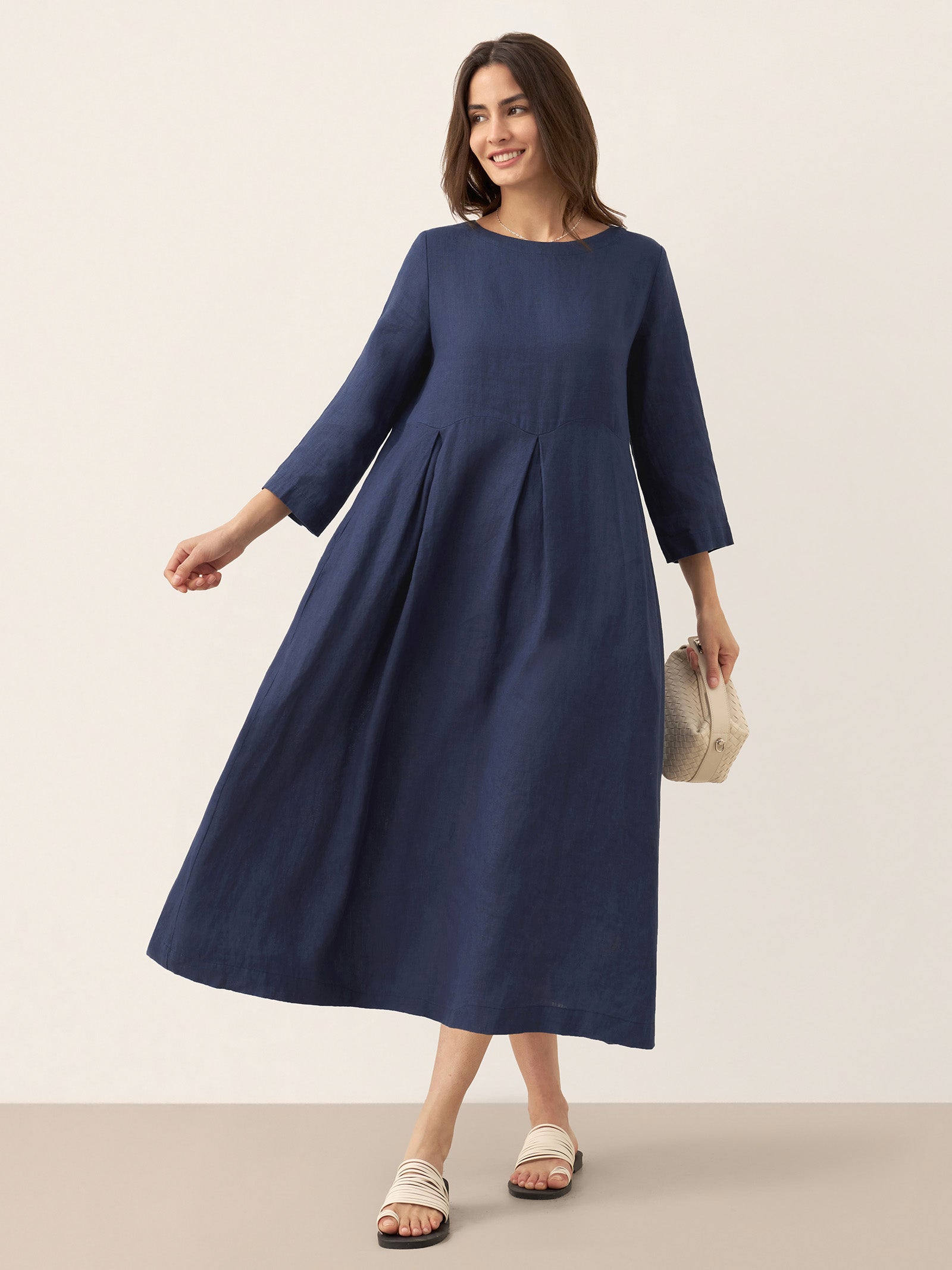 100% Linen Bateau Neck Pleated Midi Dress