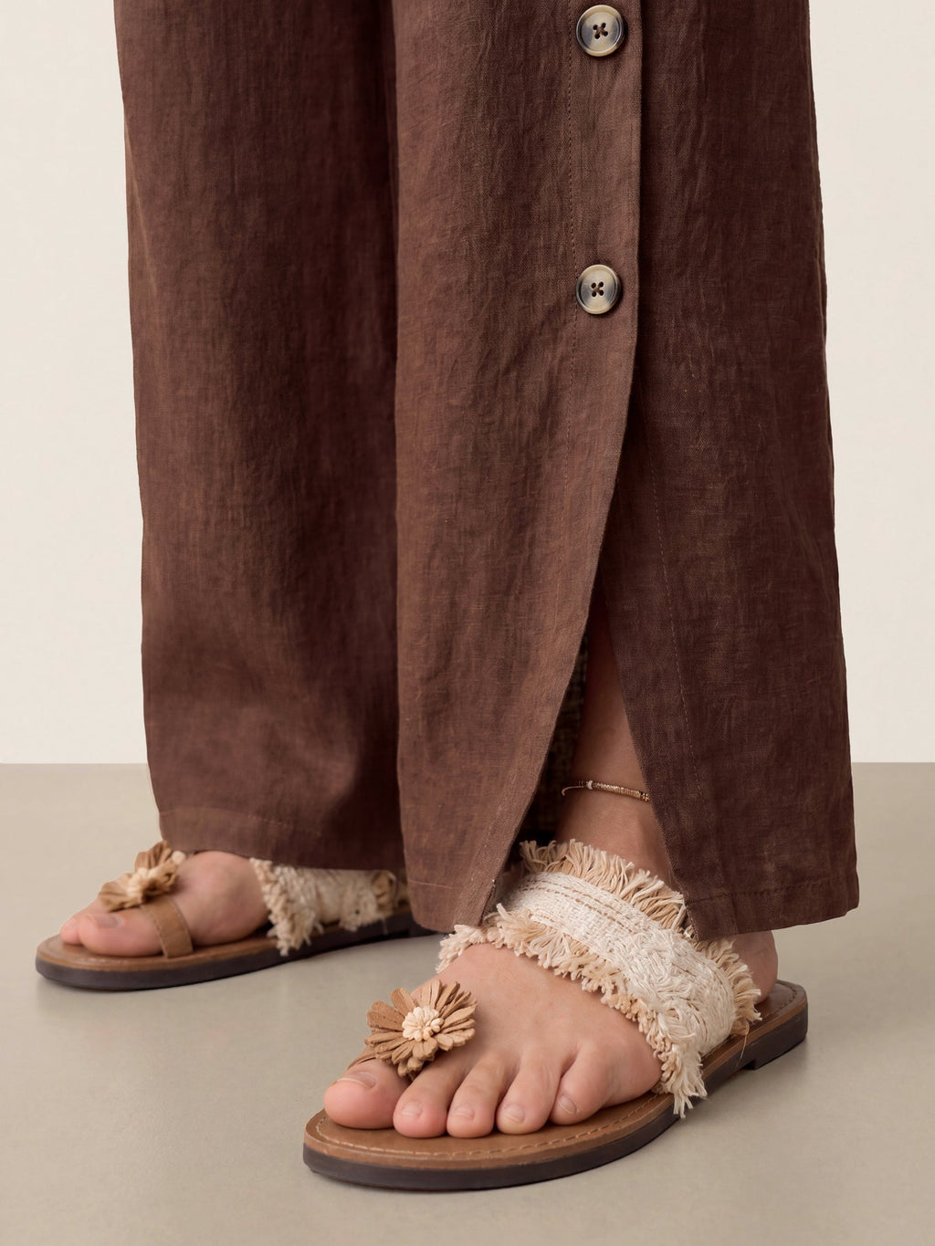 100% Linen Buttoned Slit-Hem Pants KATYA