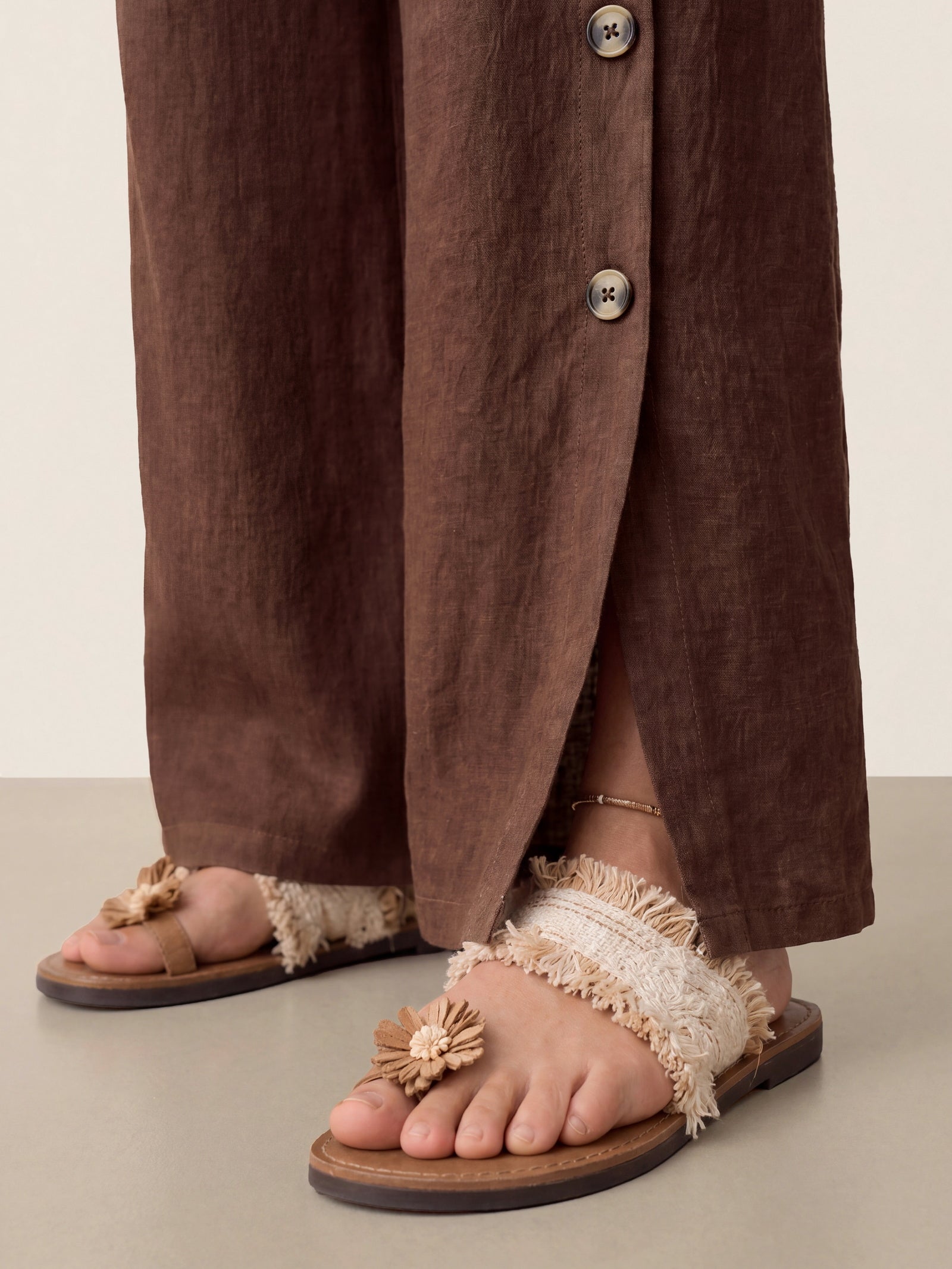 100% Linen Buttoned Slit-Hem Pants KATYA