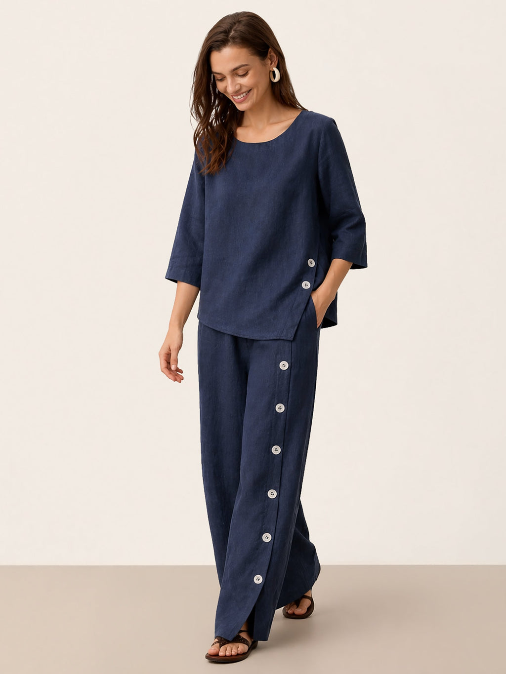 100% Linen Buttoned Slit-Hem Pants KATYA