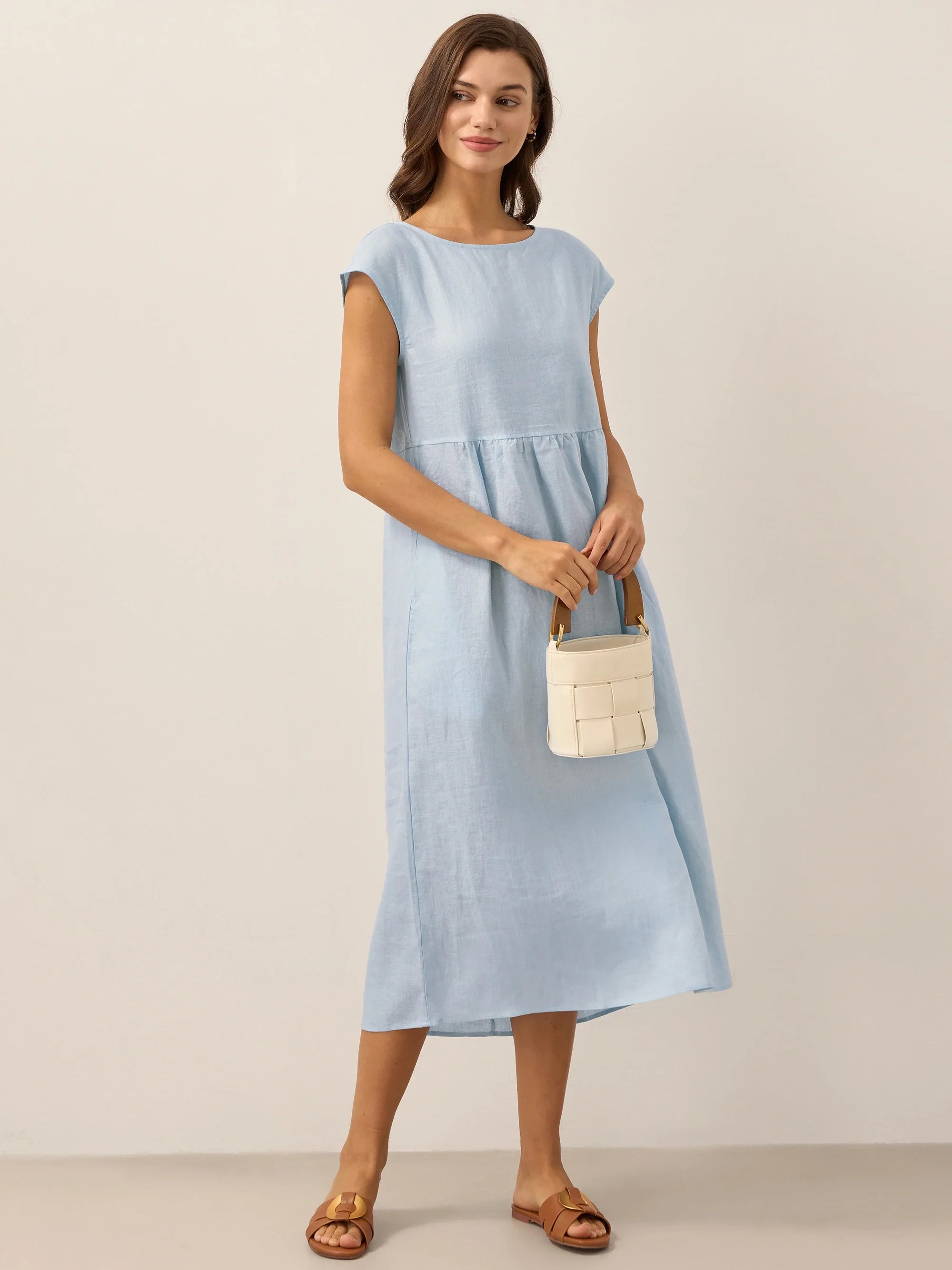 Linen Striped Cap Sleeve Washed Midi Dress JOAN