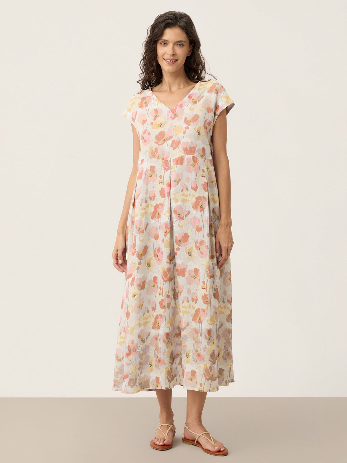 100% Linen Carnation Print Scalloped Waist Maxi Dress HARRIET