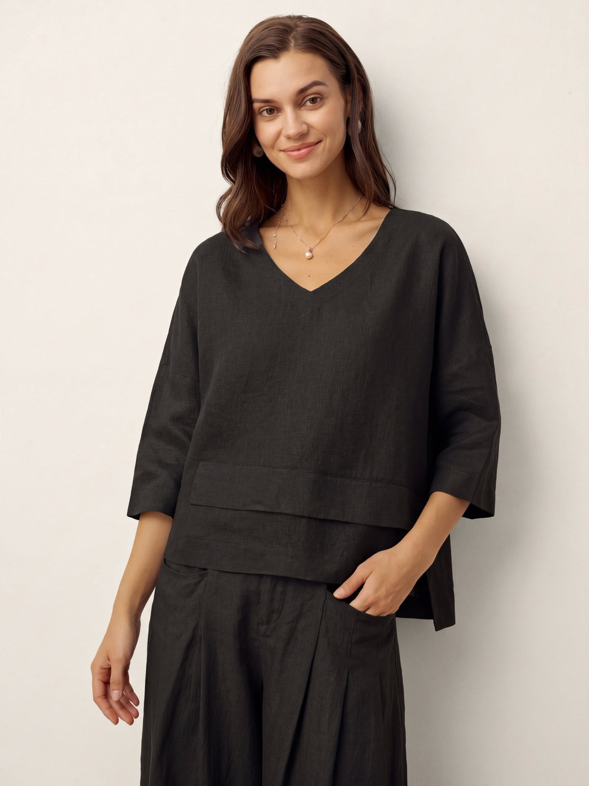 100% Linen Drop Shoulder Asymmetric Layered Hem Overtop VIOLA