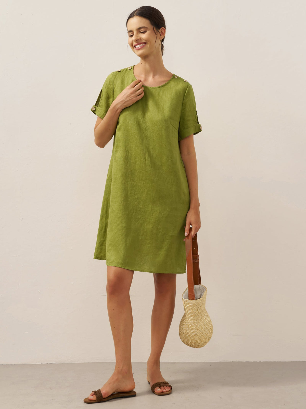 100% Linen Buttoned Cutout Sleeve Mini Dress LIA