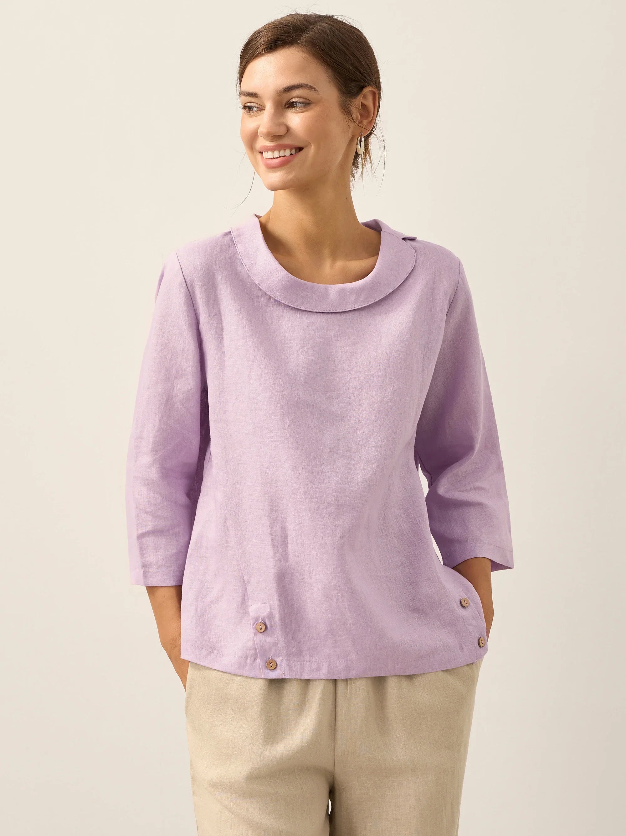 Linen Gingham Checked Round Soft-Fold Collar Top LAURA