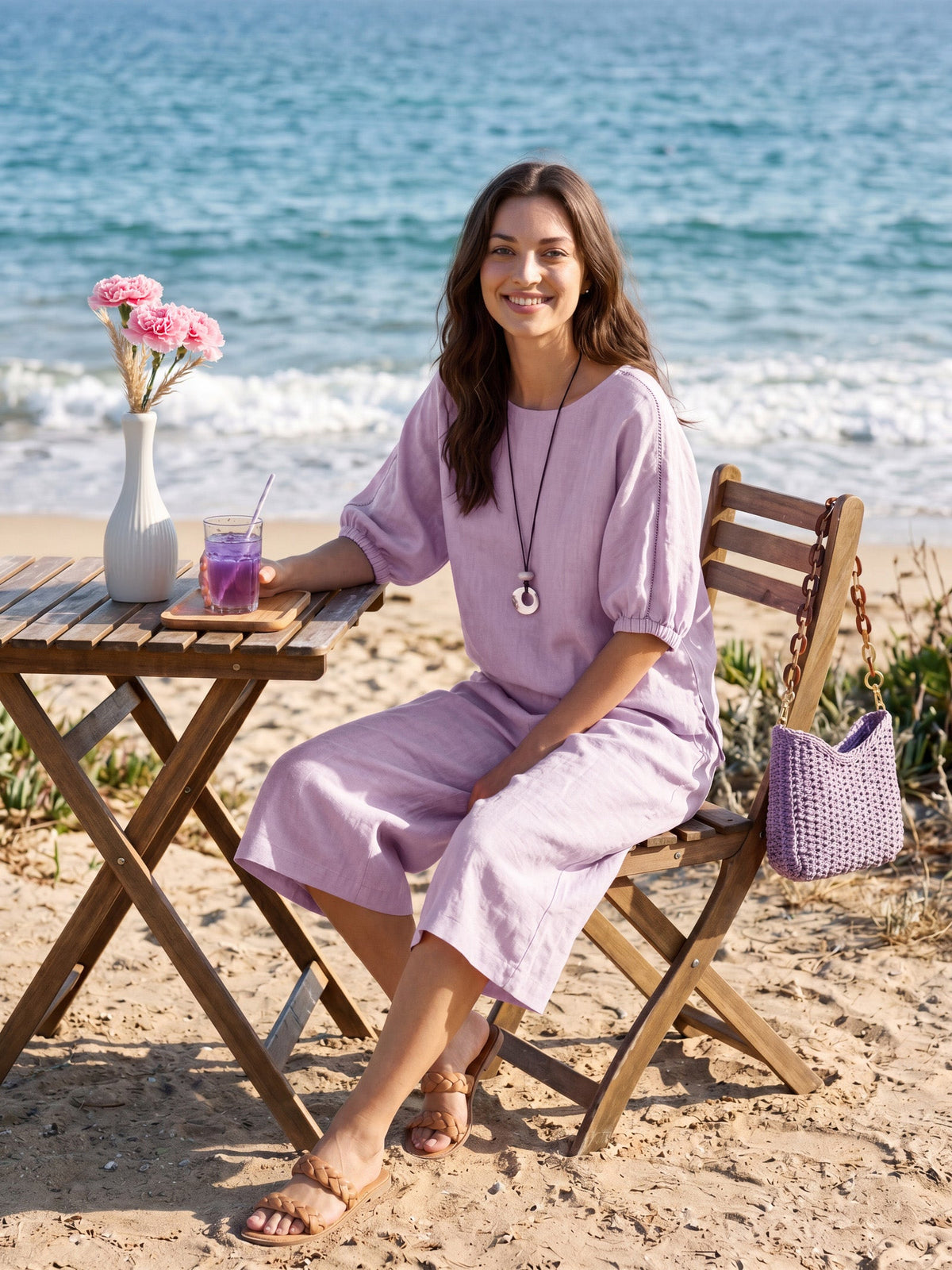 100% Linen Openwork Detail Top with Gathered Cuffs QUILLA