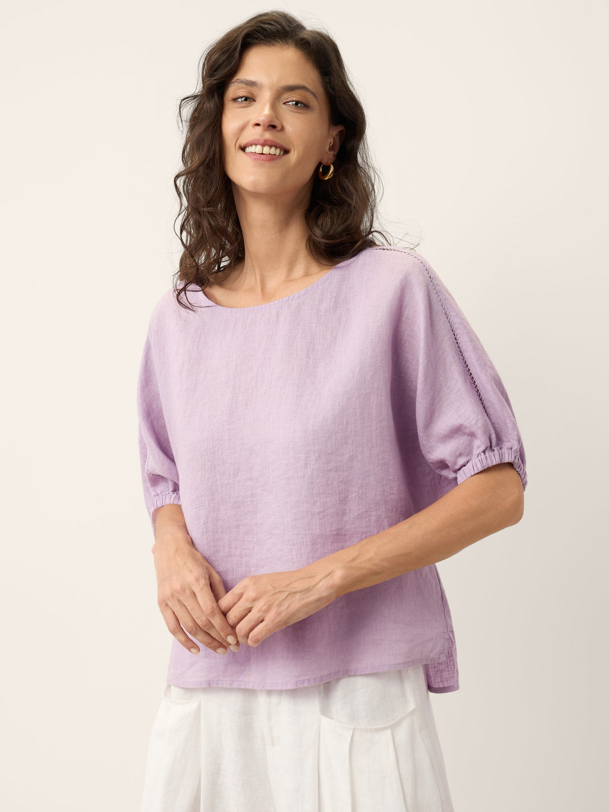 100% Linen Openwork Detail Top with Gathered Cuffs QUILLA