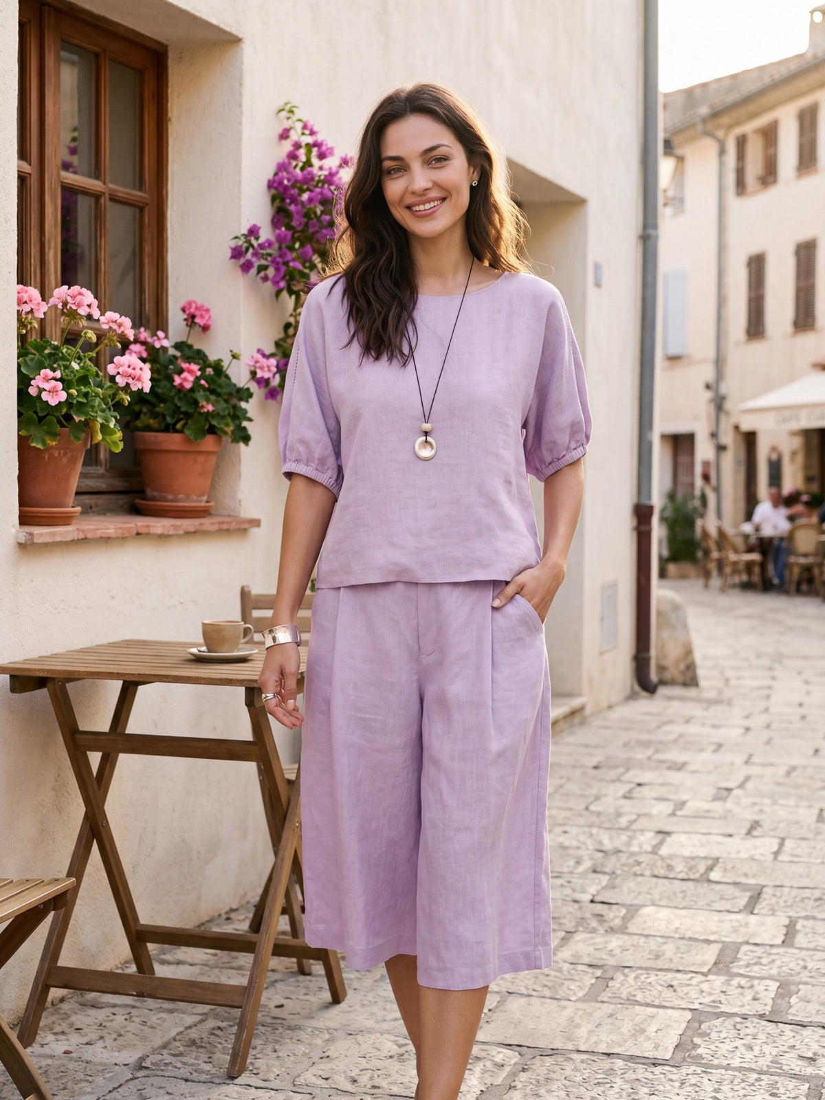 100% Linen Openwork Detail Top with Gathered Cuffs QUILLA