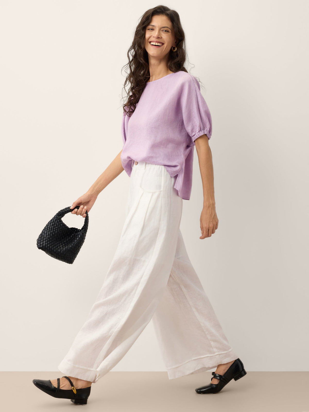 100% Linen Openwork Detail Top with Gathered Cuffs QUILLA