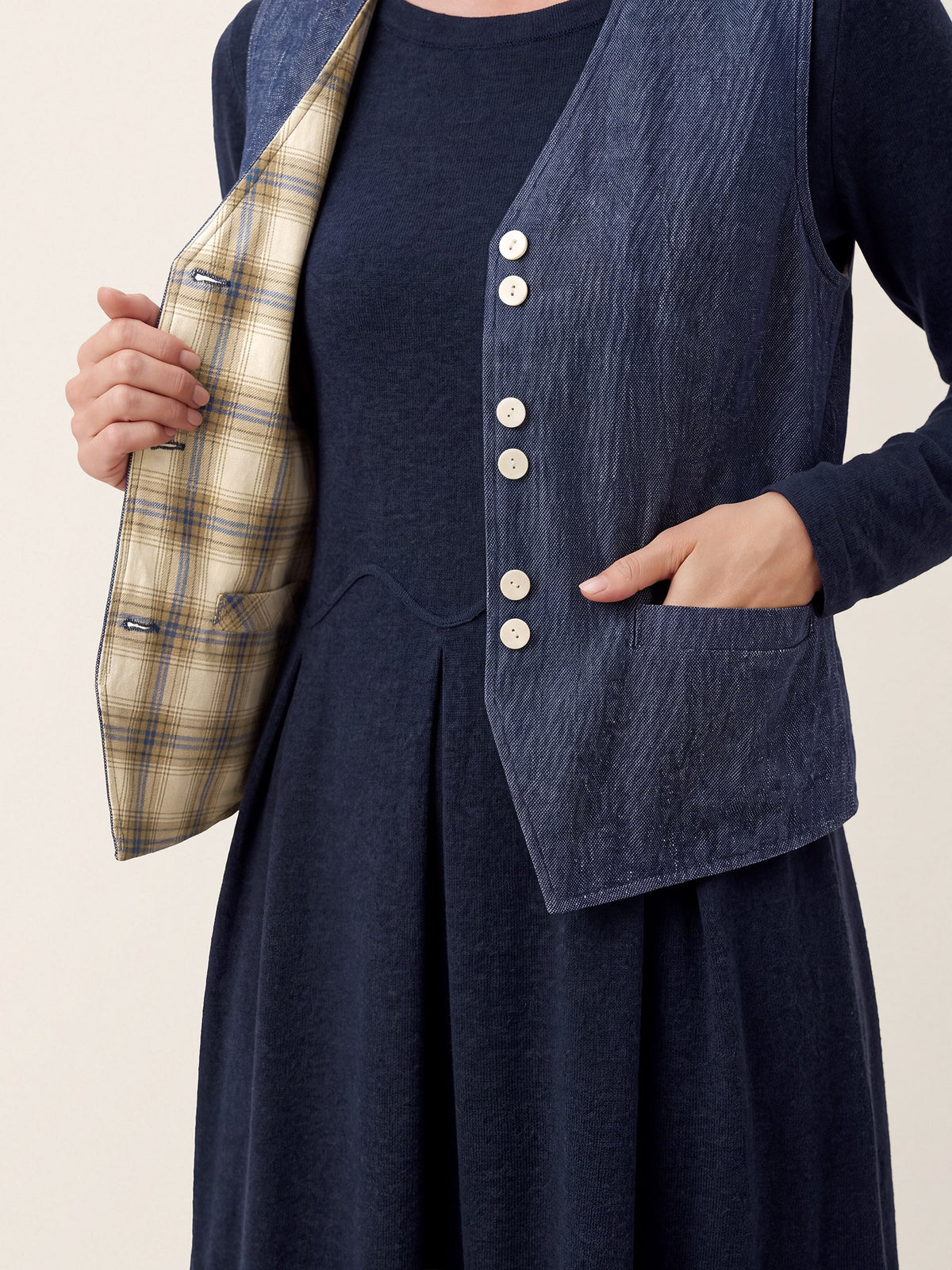 100% Linen Reversible Denim Texture Button Front Vest HARPER