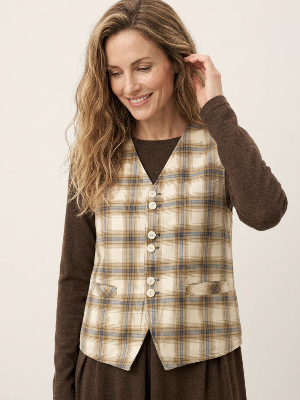 100% Linen Reversible Denim Texture Button Front Vest HARPER