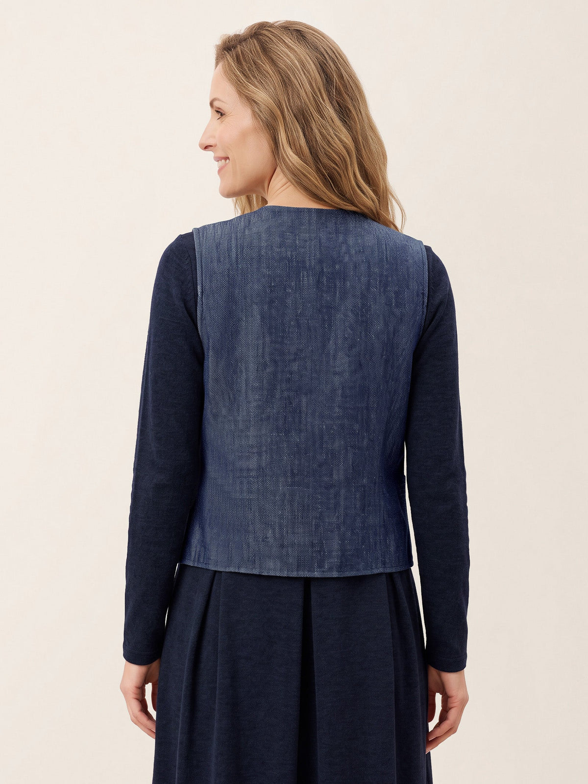 100% Linen Reversible Denim Texture Button Front Vest HARPER