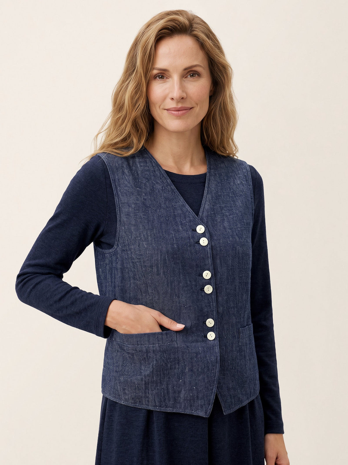 100% Linen Reversible Denim Texture Button Front Vest HARPER