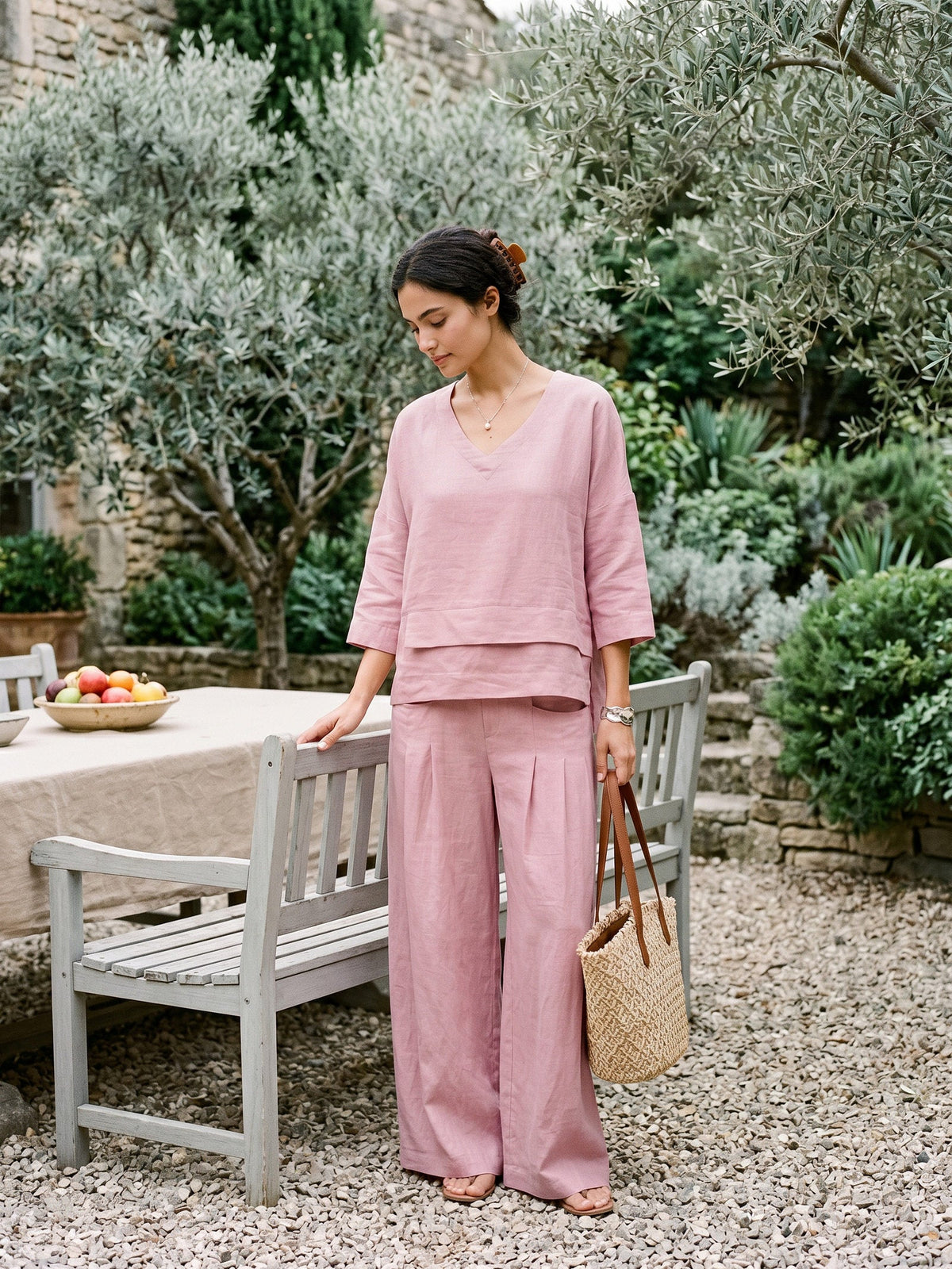 100% Linen Sculpted Pleat Elasticated Back Relaxed Pants VERIDIANA