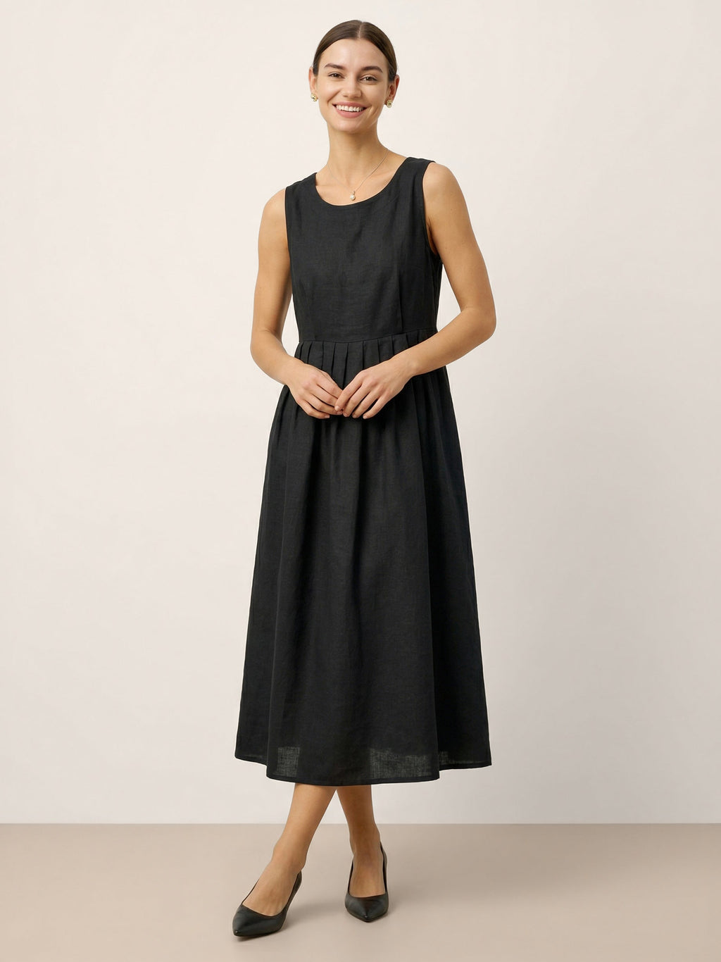 100% Linen Sleeveless Crew Neck Waist Pleated Midi Dress SELENE