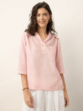 100% Linen Soft Collar Tab Sleeve Top OLGA