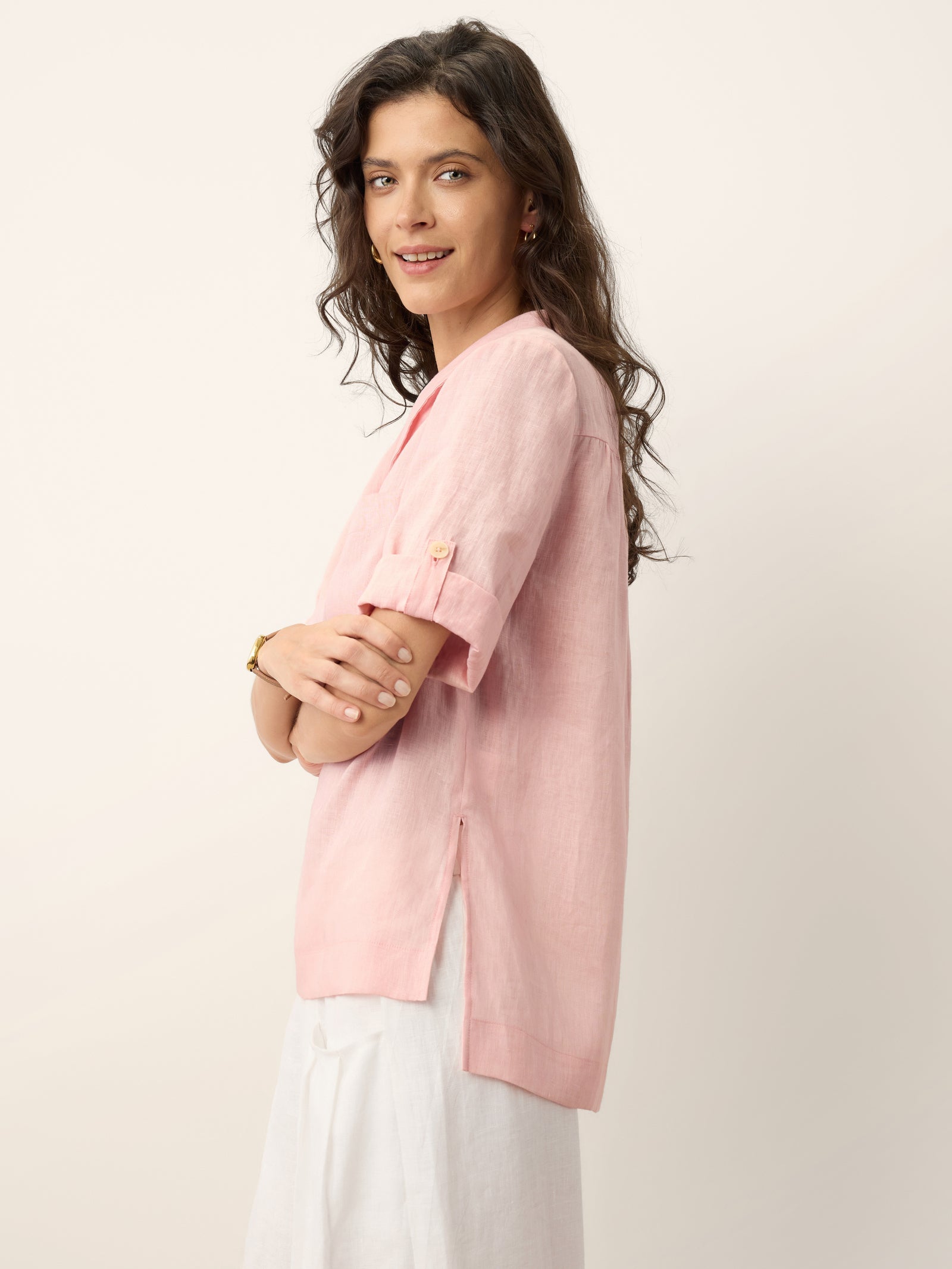 100% Linen Soft Collar Tab Sleeve Top OLGA