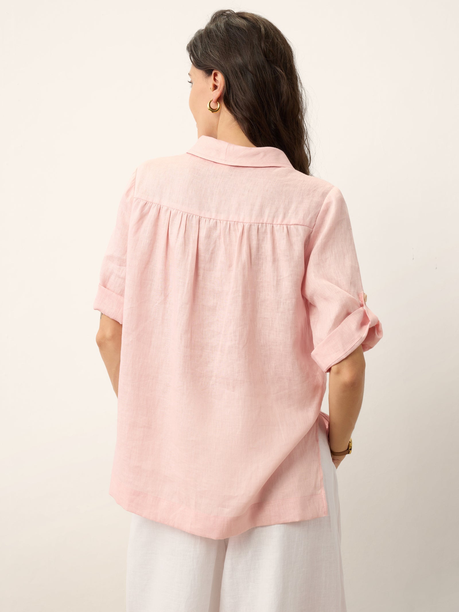 100% Linen Soft Collar Tab Sleeve Top OLGA
