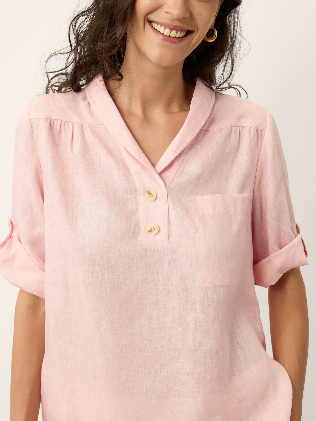 100% Linen Soft Collar Tab Sleeve Top OLGA