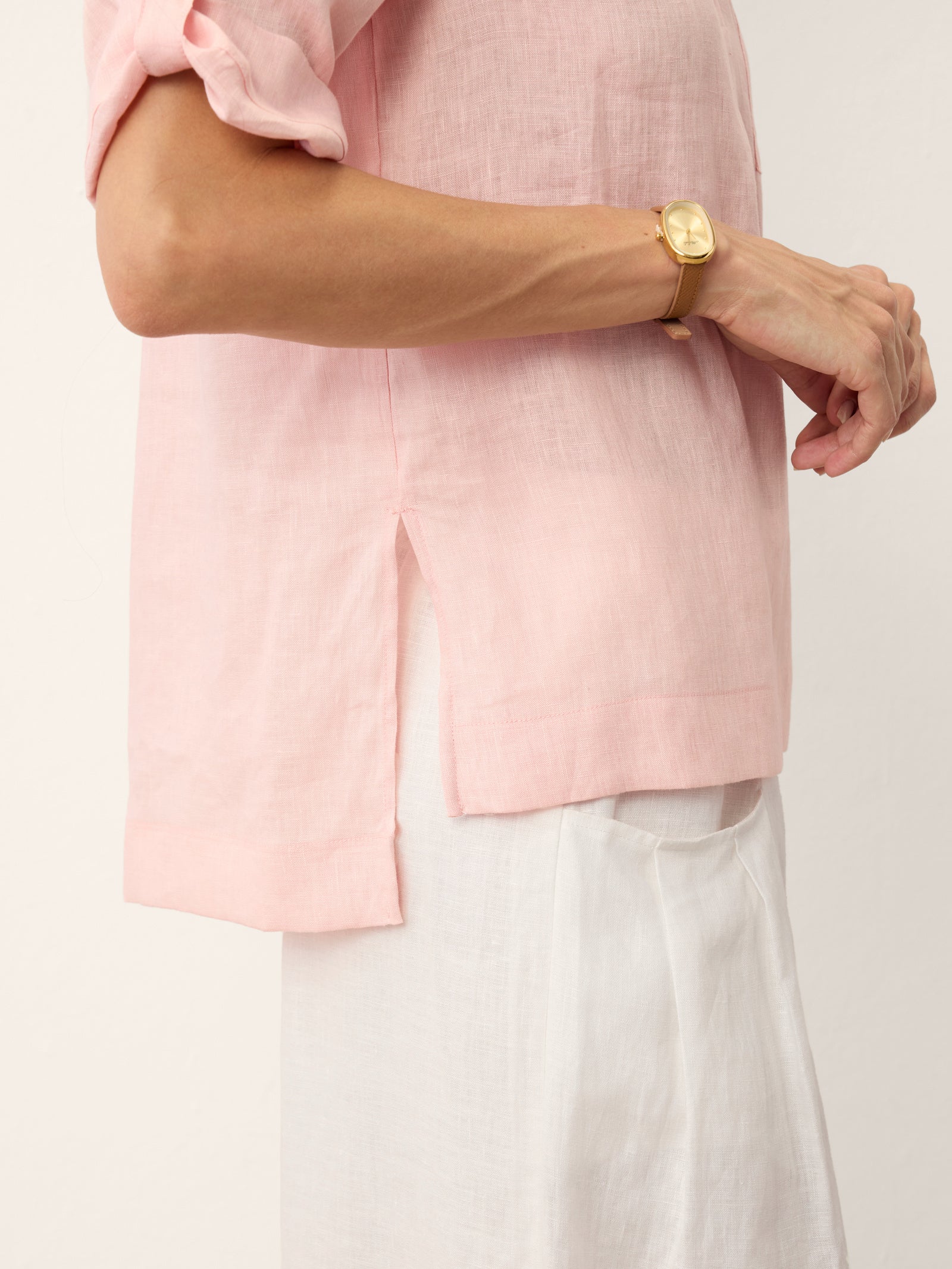 100% Linen Soft Collar Tab Sleeve Top OLGA