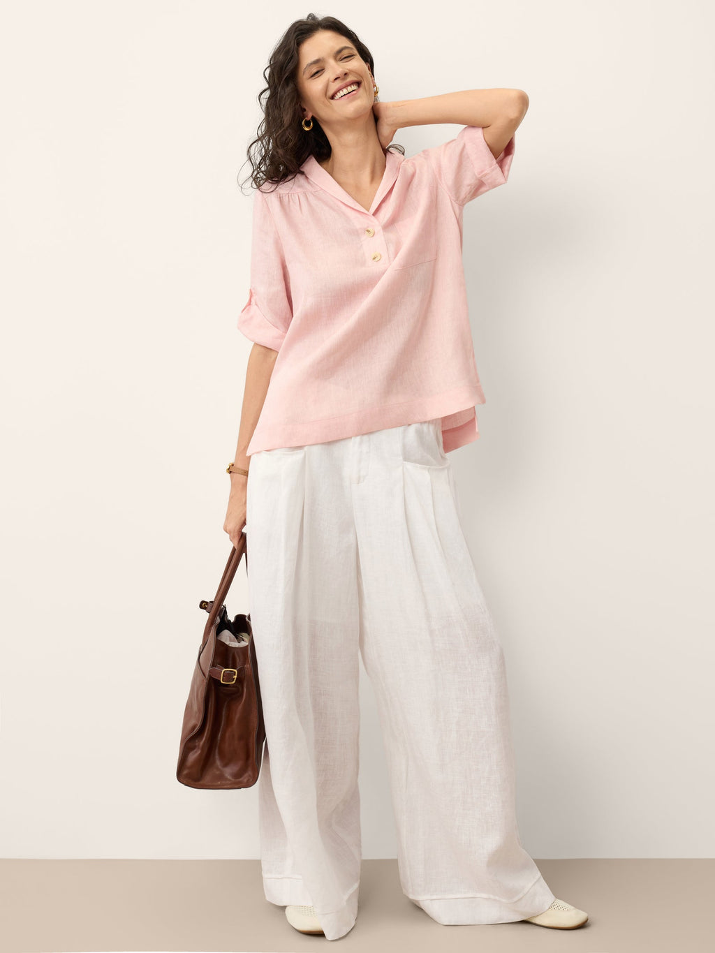 100% Linen Soft Collar Tab Sleeve Top OLGA