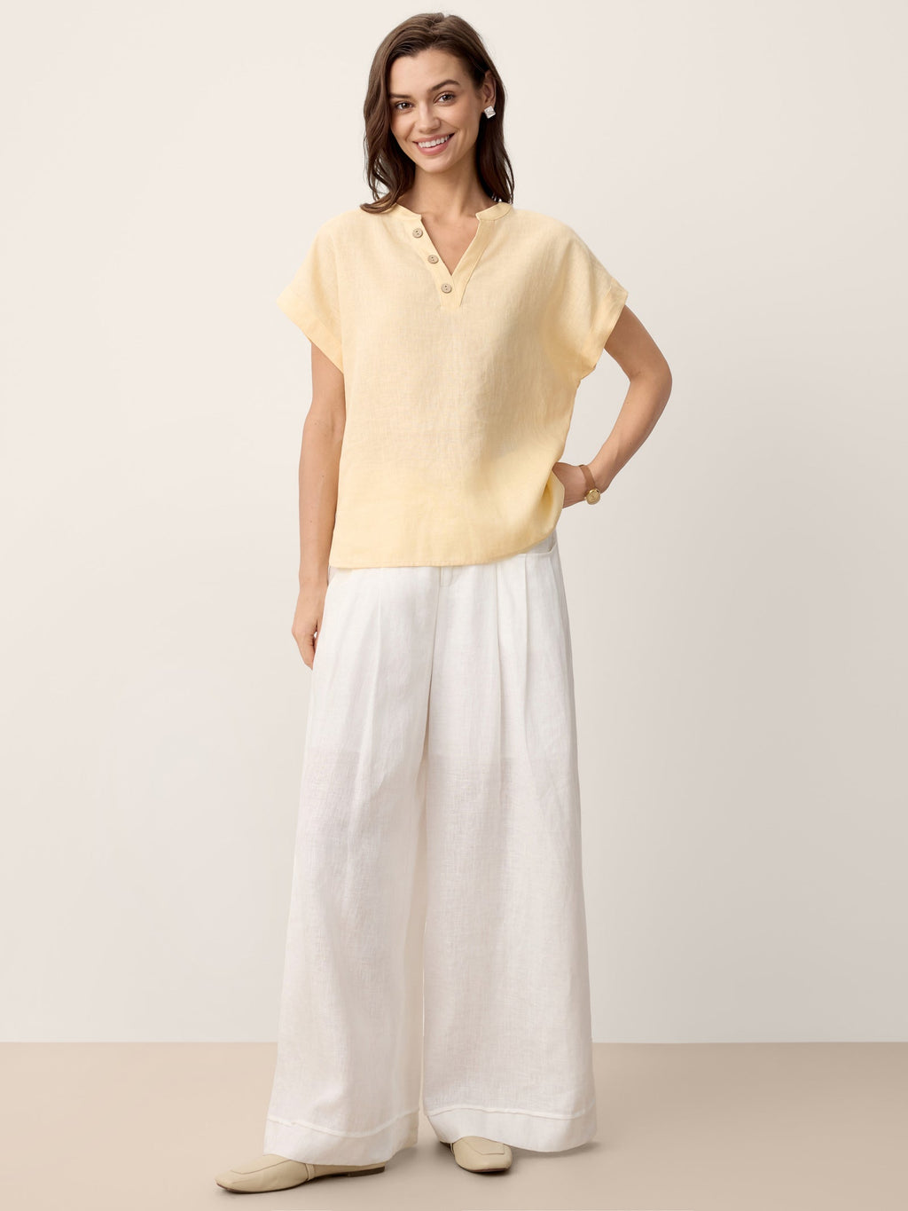 100% Linen Stand-Collar Curved-Hem Top CRESSA