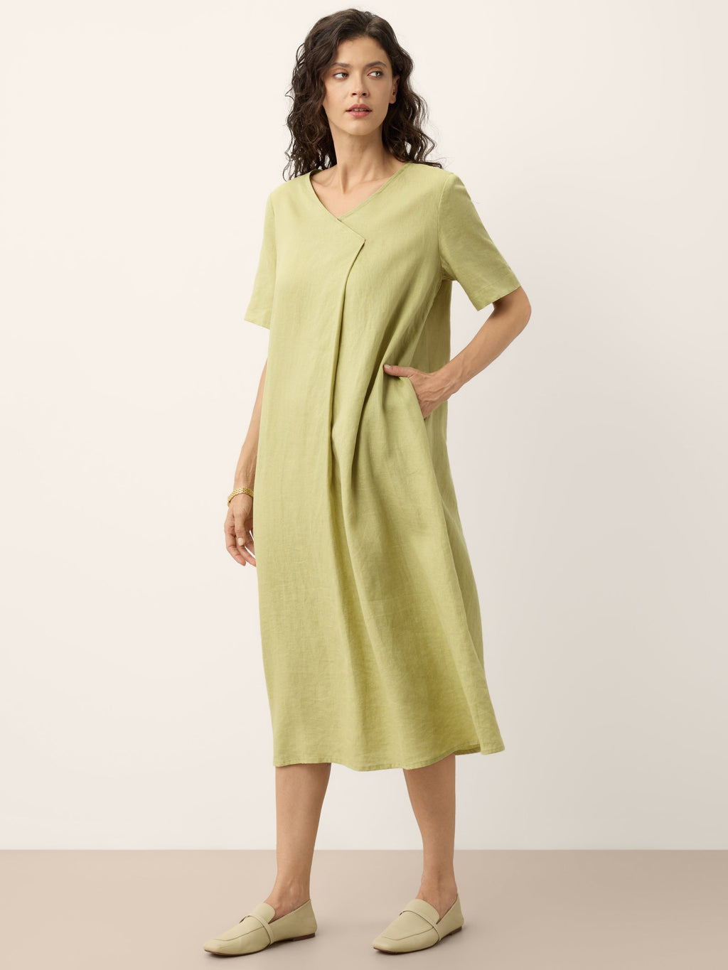 100% Linen Surplice Neck A Line Midi Dress JUDITH