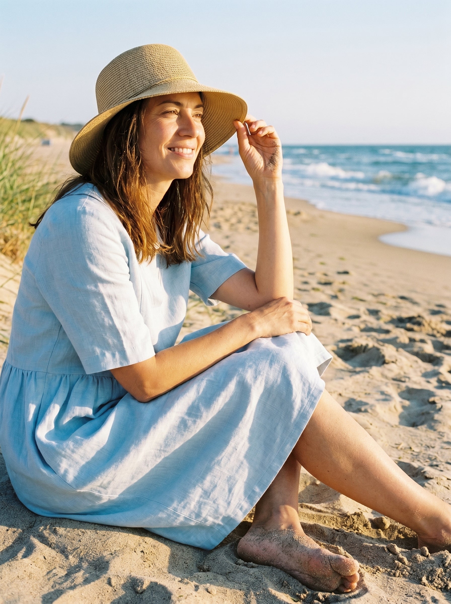 100% Linen Shawl V-Neck Pleated Midi Dress SUSAN