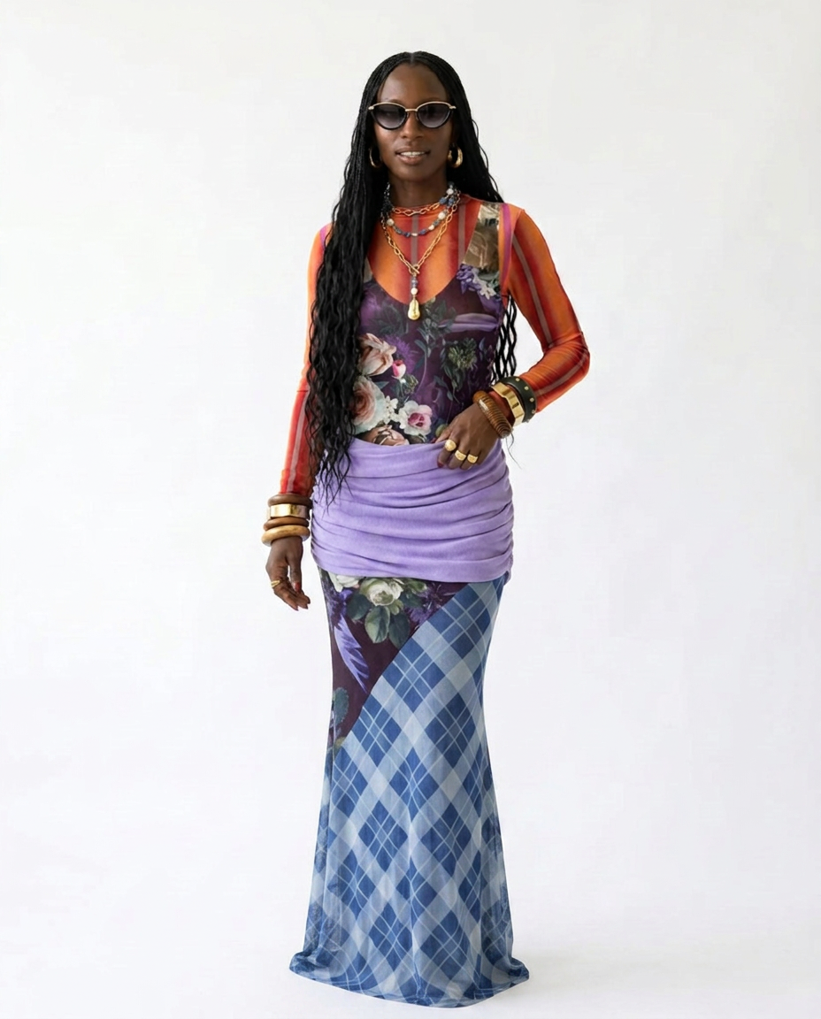 Resilient Plaid Patchwork Mesh Maxi Dress