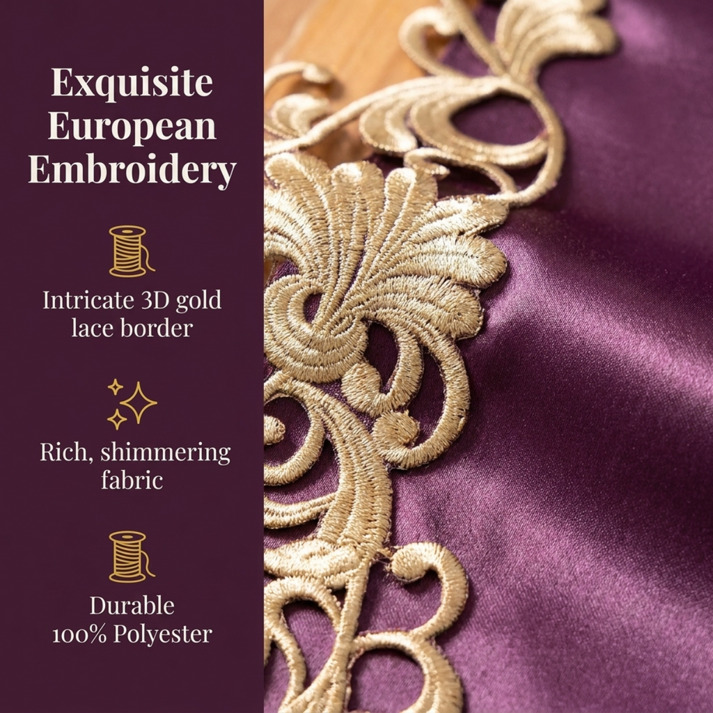 Purple Table Runner – Embroidered Floral Pattern, 14x108 Inch Elegant Linen