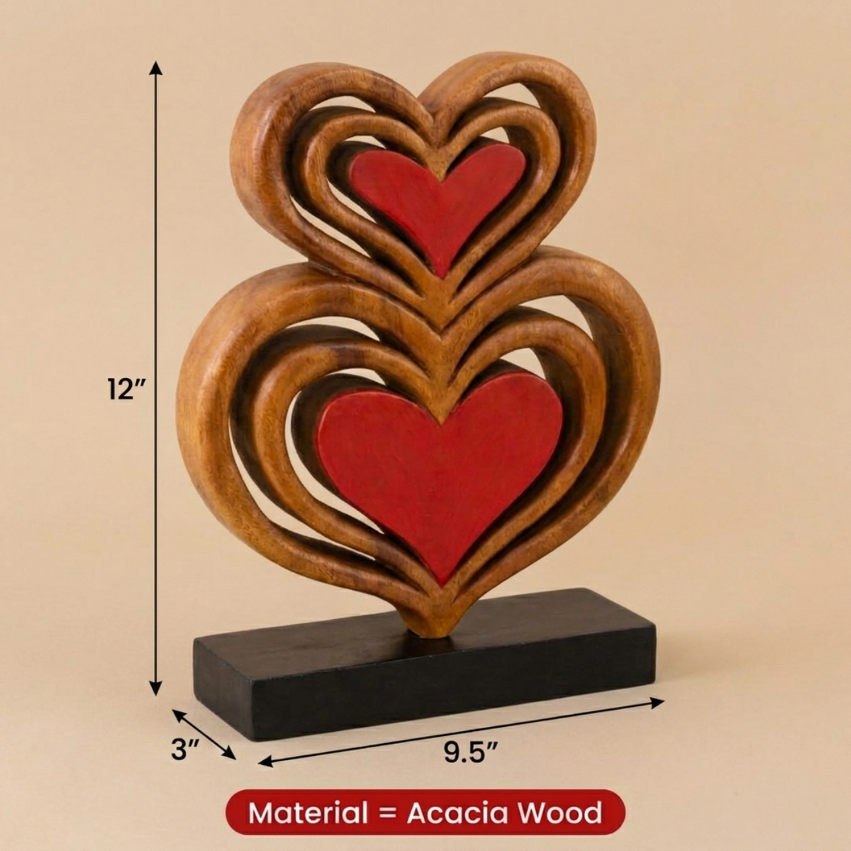 Wooden Heart Sculpture – Twin Souls, Acacia Wood