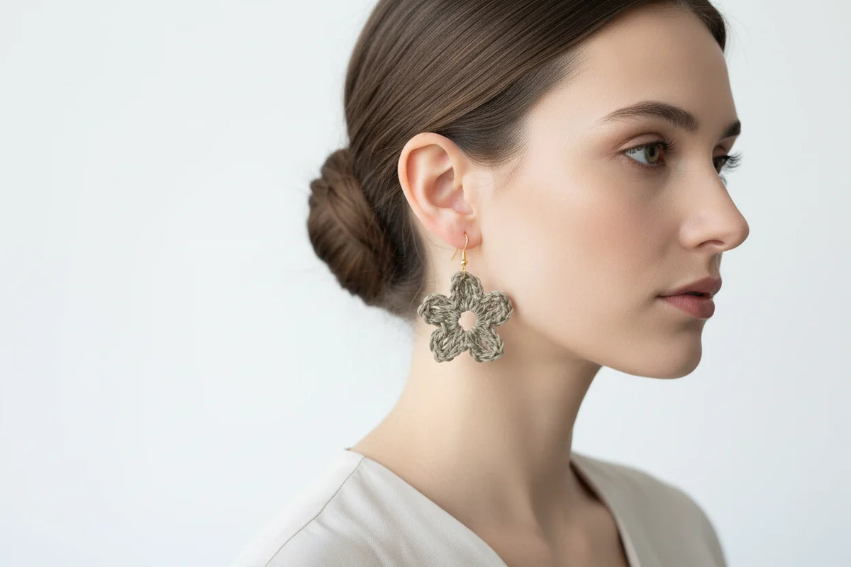 Women’s Handmade Raffia Flower Earrings – Crochet Boho Dangle Design